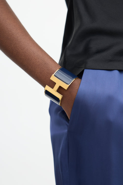 Hermès Navy & Gold Plated Extra Wide Clic Clac H Bracelet