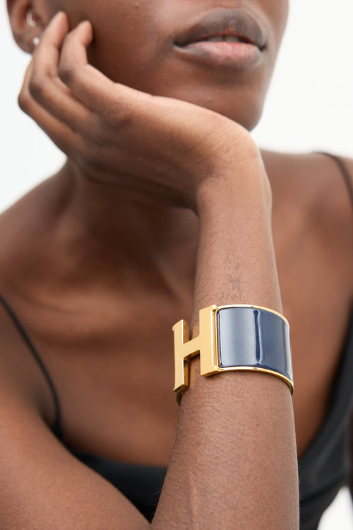 Hermès Navy & Gold Plated Extra Wide Clic Clac H Bracelet