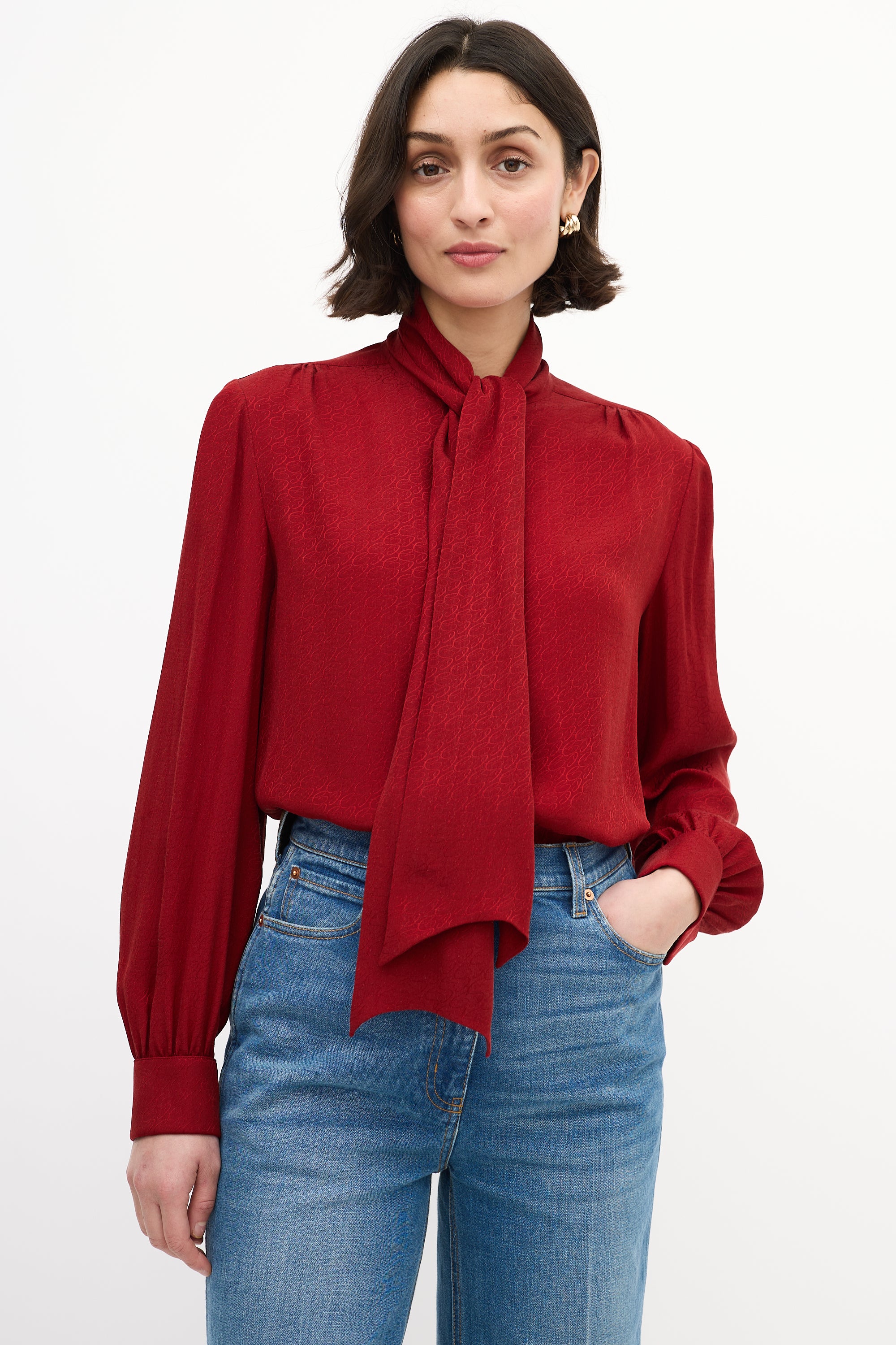 Hermès Red Silk Monogram Necktie Blouse