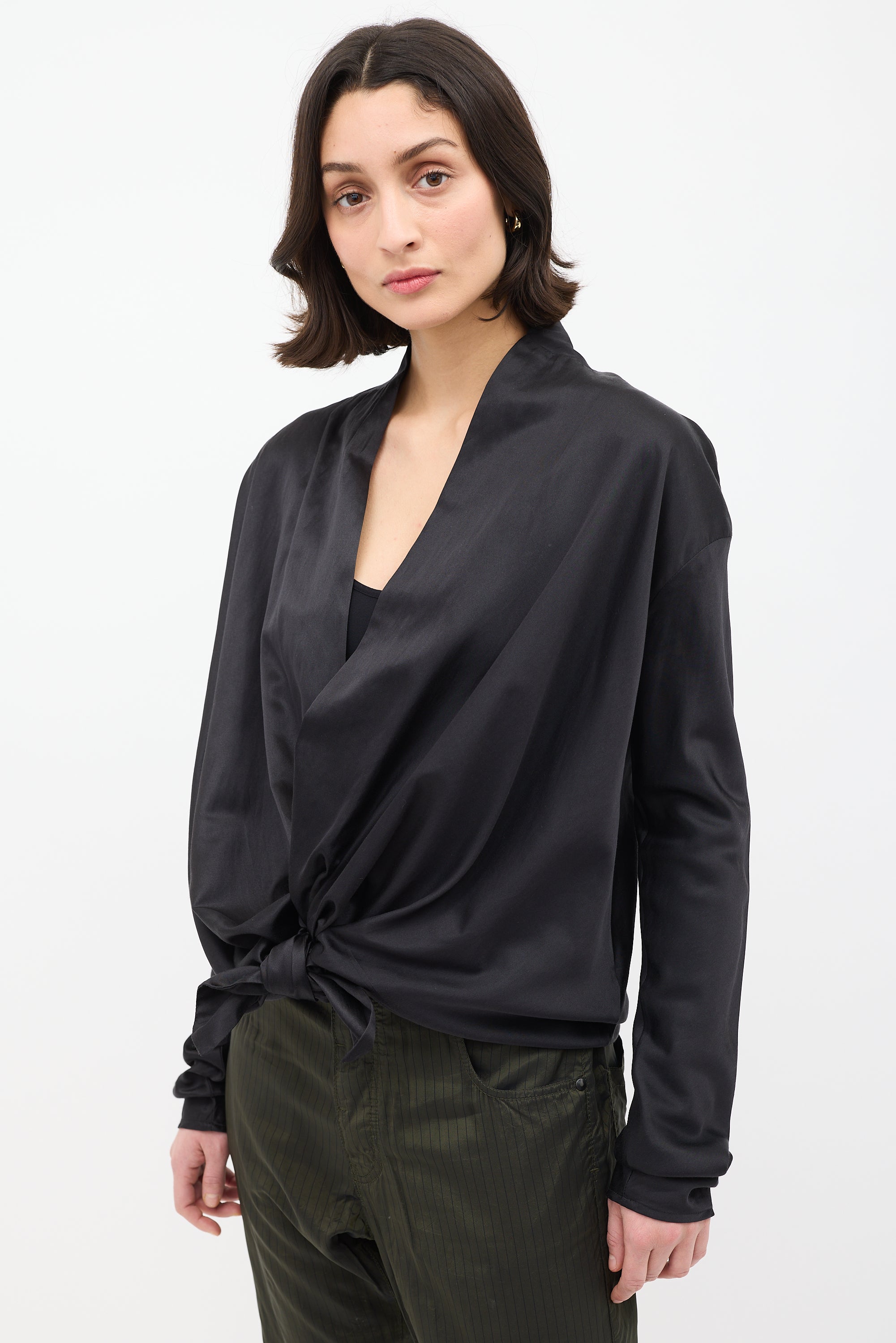 Haider Ackermann Black Silk Open Drape Front Blouse
