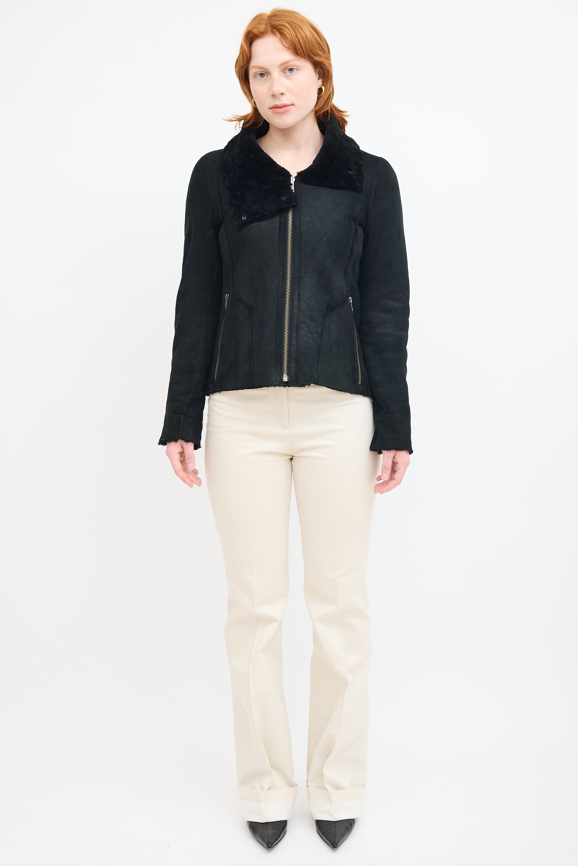 Helmut Lang Black Suede & Shearling Zip Jacket