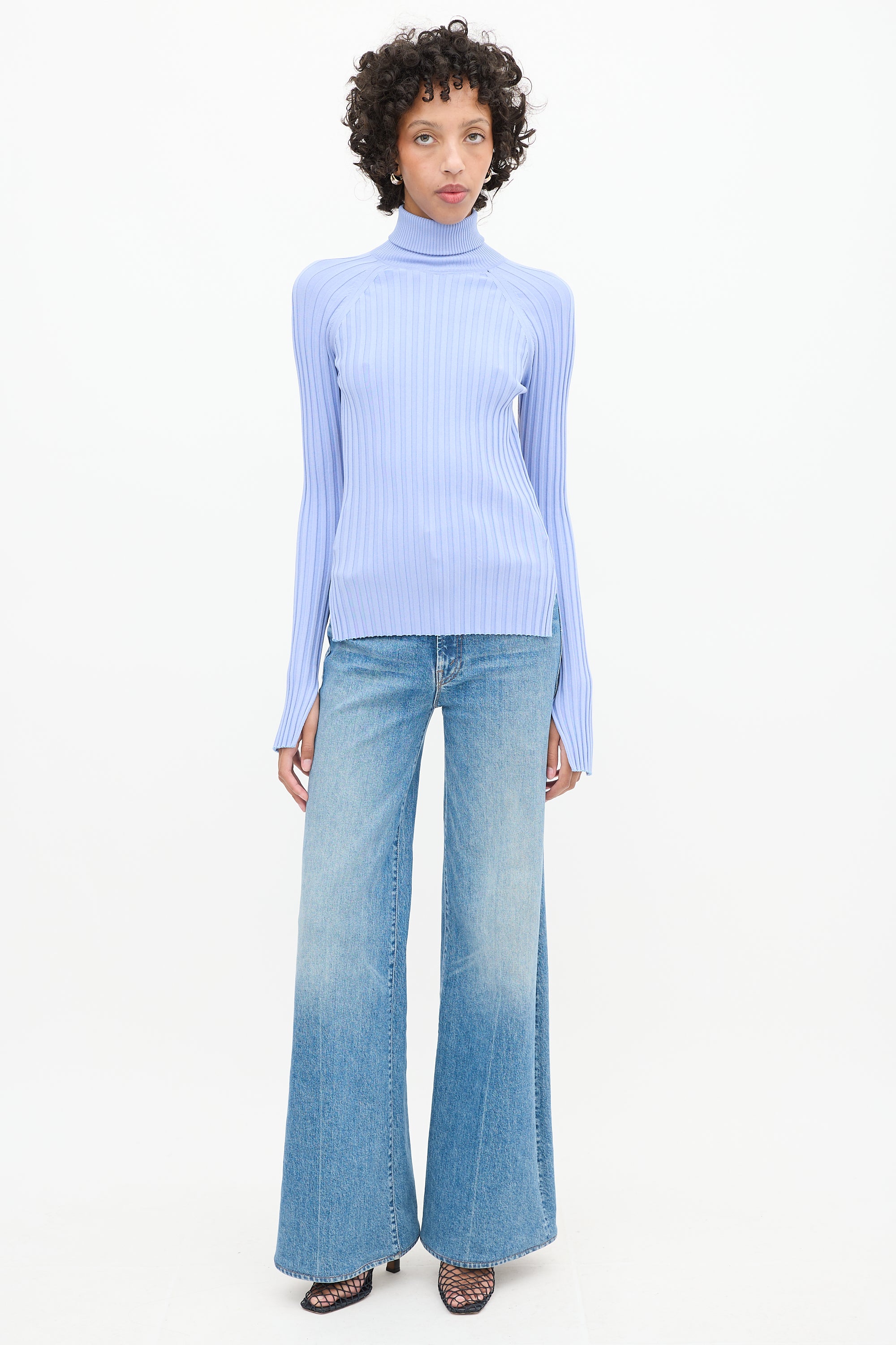 Helmut Lang Light Purple Ribbed Knit Back Cutout Turtleneck Top