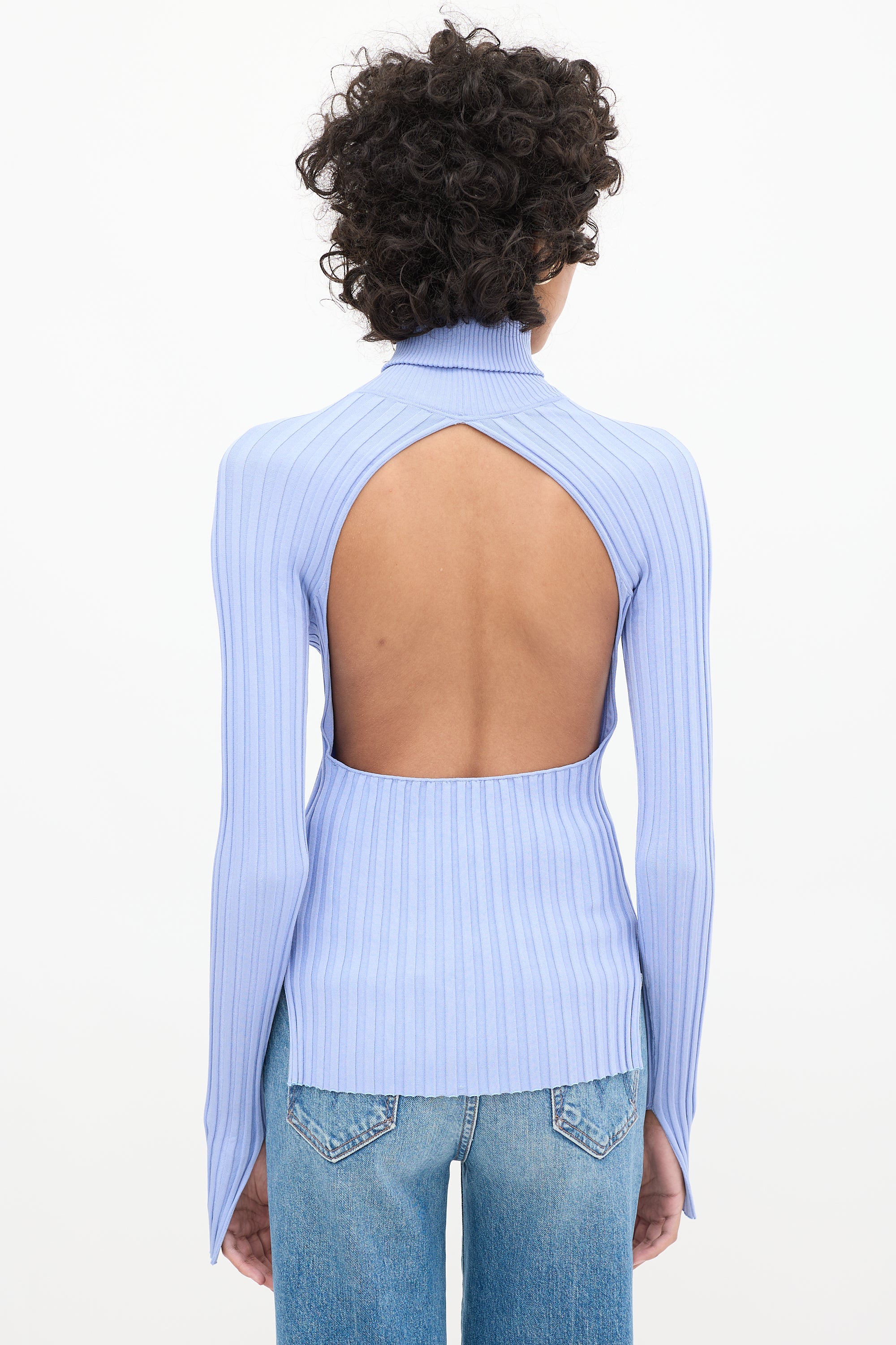 Helmut Lang Light Purple Ribbed Knit Back Cutout Turtleneck Top