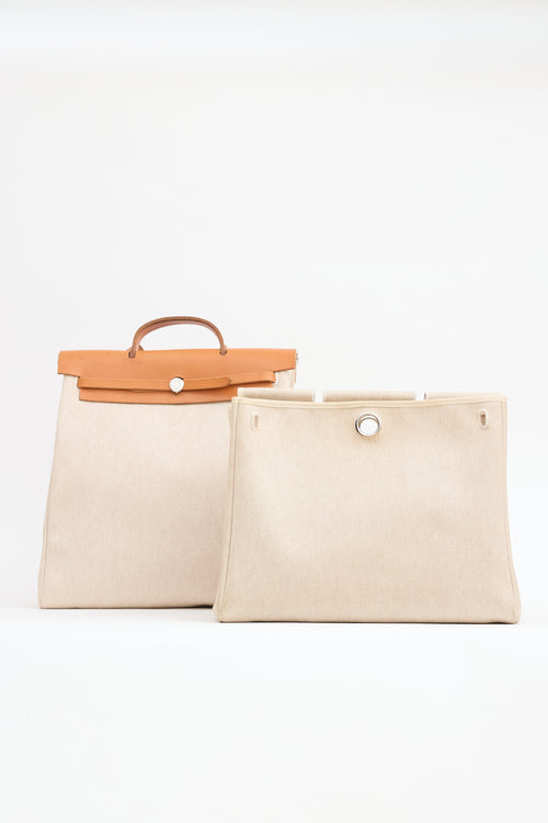 Hermès 2000 Écru Toile Canvas & Fauve Vache Hunter Leather HerBag 2-in-1