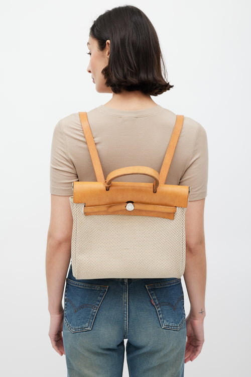 Hermès 2003 Écru Toile Canvas & Fauve Vache Hunter Leather HerBag 2-in-1 Backpack GM Set