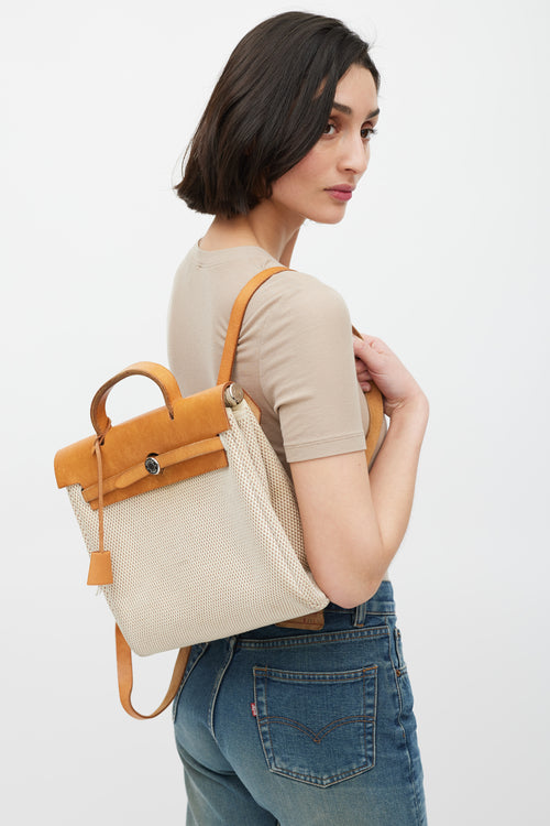 Hermès 2003 Écru Toile Canvas & Fauve Vache Hunter Leather HerBag 2-in-1 Backpack GM Set