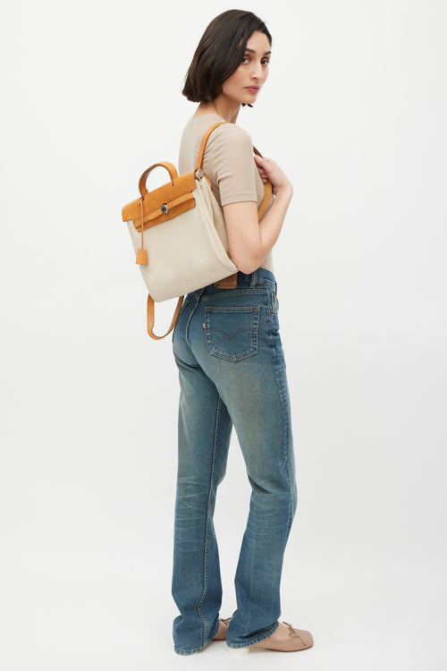 Hermès 2003 Écru Toile Canvas & Fauve Vache Hunter Leather HerBag 2-in-1 Backpack GM Set
