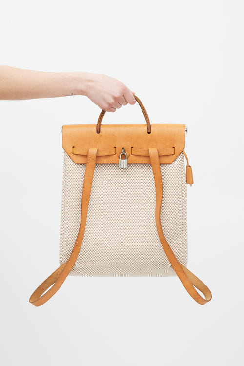 Hermès 2003 Écru Toile Canvas & Fauve Vache Hunter Leather HerBag 2-in-1 Backpack GM Set