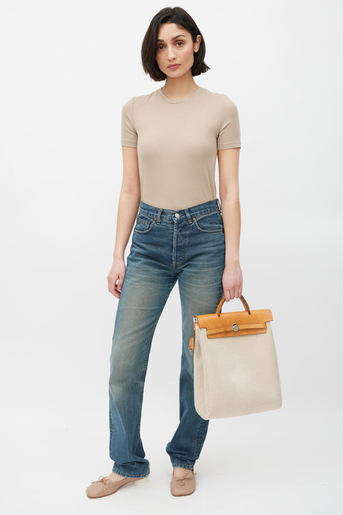 Hermès 2003 Écru Toile Canvas & Fauve Vache Hunter Leather HerBag 2-in-1 Backpack GM Set