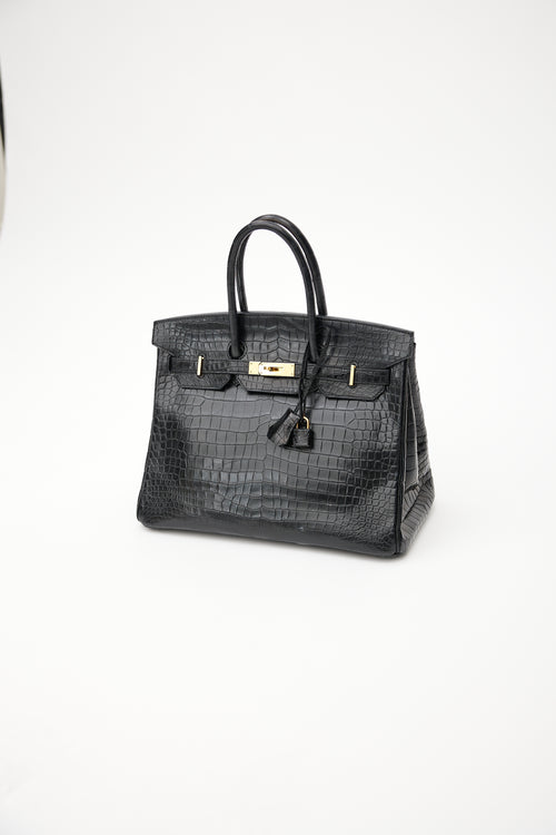 Hermès 2014 Noir Embossed Leather & Gold Birkin 35 Bag