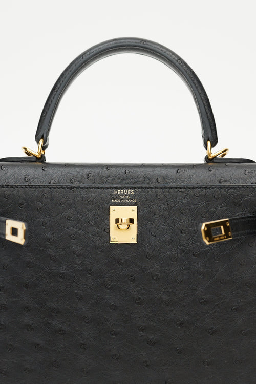Hermès 2021 Noir Ostrich & Gold Kelly Sellier 25 Bag