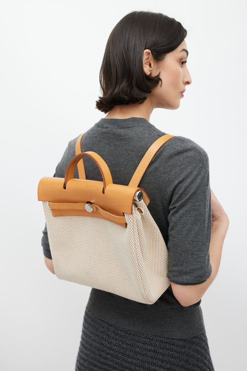Hermès 2003 Écru Toile Canvas & Fauve Vache Hunter Leather HerBag 2-in-1 Backpack GM Set