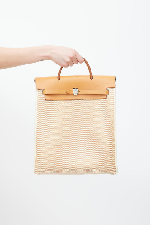 Hermès 2003 Écru Toile Canvas & Fauve Vache Hunter Leather HerBag 2-in-1 Backpack GM Set