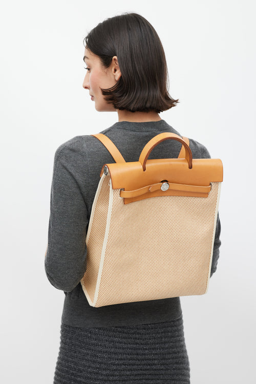 Hermès 2003 Écru Toile Canvas & Fauve Vache Hunter Leather HerBag 2-in-1 Backpack GM Set
