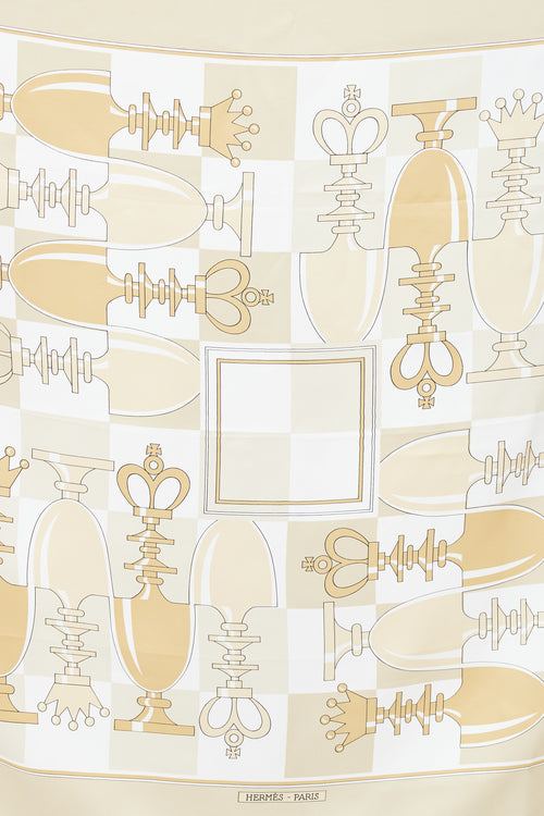 Hermès Gold & White Echecs II/ Echiquier 90 Scarf