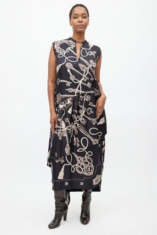 Hermès Black & Brown Silk Les Cles Print Asymmetrical Dress