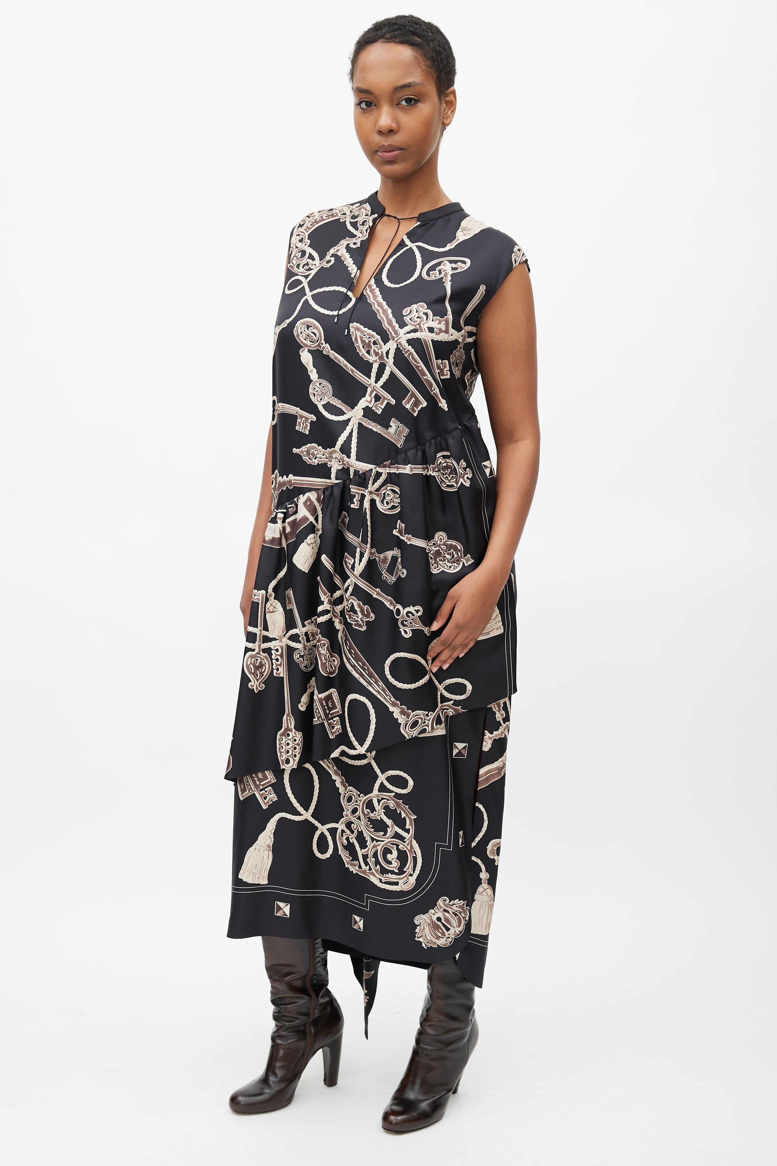 Hermès Black & Brown Silk Les Cles Print Asymmetrical Dress