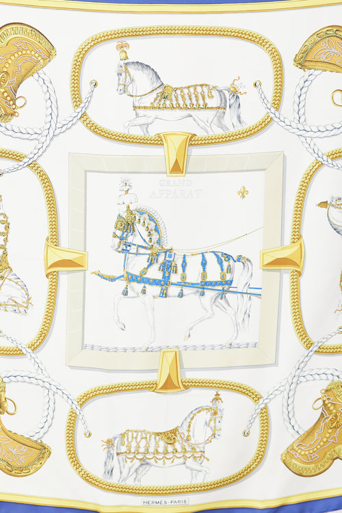 Hermès Blue & Gold Silk Grand Apparat 90 Scarf