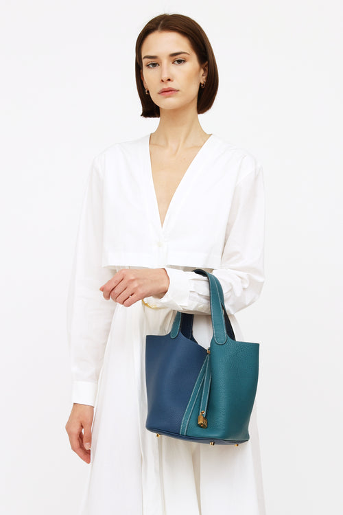 Hermes Deep Blue & Vert Bosphore Clemence Leather Picotin Bag