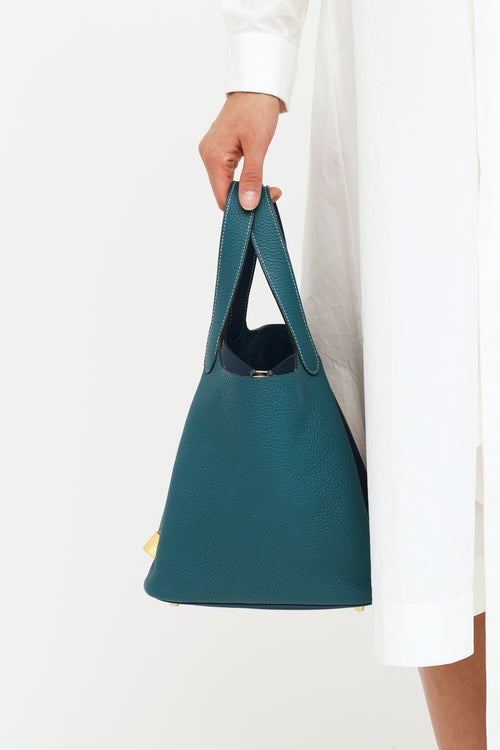 Hermes Deep Blue & Vert Bosphore Clemence Leather Picotin Bag