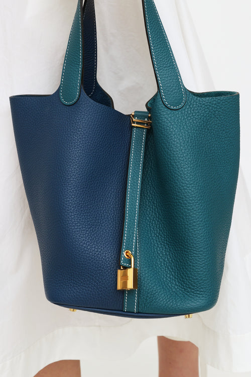 Hermes Deep Blue & Vert Bosphore Clemence Leather Picotin Bag