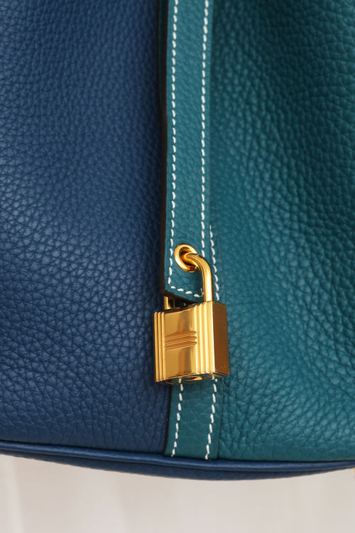 Hermes Deep Blue & Vert Bosphore Clemence Leather Picotin Bag