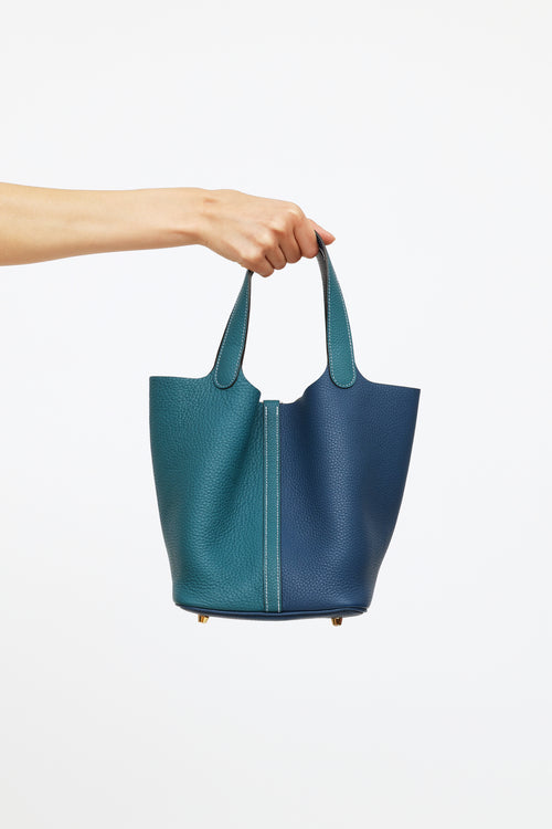 Hermes Deep Blue & Vert Bosphore Clemence Leather Picotin Bag