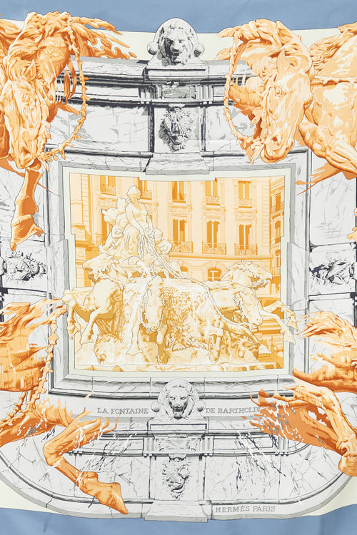 Hermès Blue & Multi Silk La Fontaine de Bartholdi Print 90 Scarf