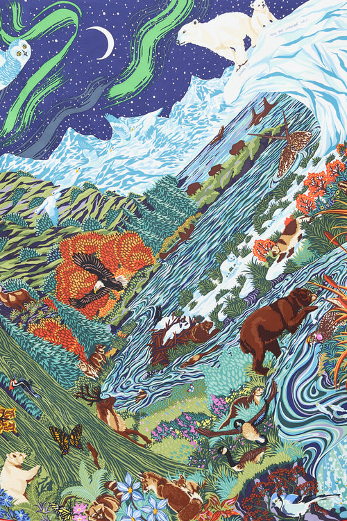 Hermès Blue & Multicolour Silk Into the Canadian Wild 90 Scarf