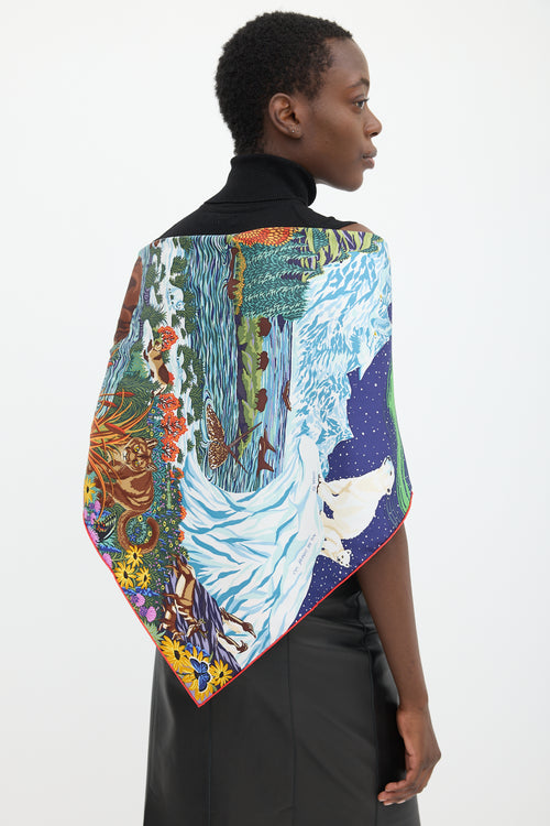 Hermès Blue & Multicolour Silk Into the Canadian Wild 90 Scarf