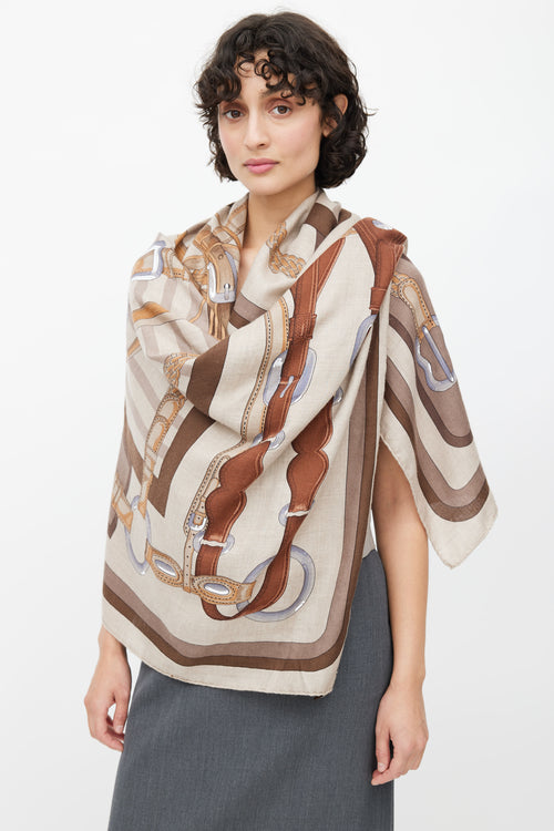  Hermès Brown Silk & Cashmere Coaching 140 Scarf