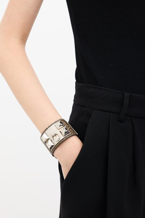 Hermès Brown & Silver Exotic Leather Collier De Chien Cuff