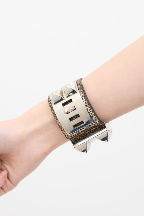 Hermès Brown & Silver Exotic Leather Collier De Chien Cuff