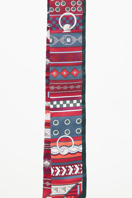 Hermès Burgundy & Green Silk Colliers de Chiens Twilly Scarf