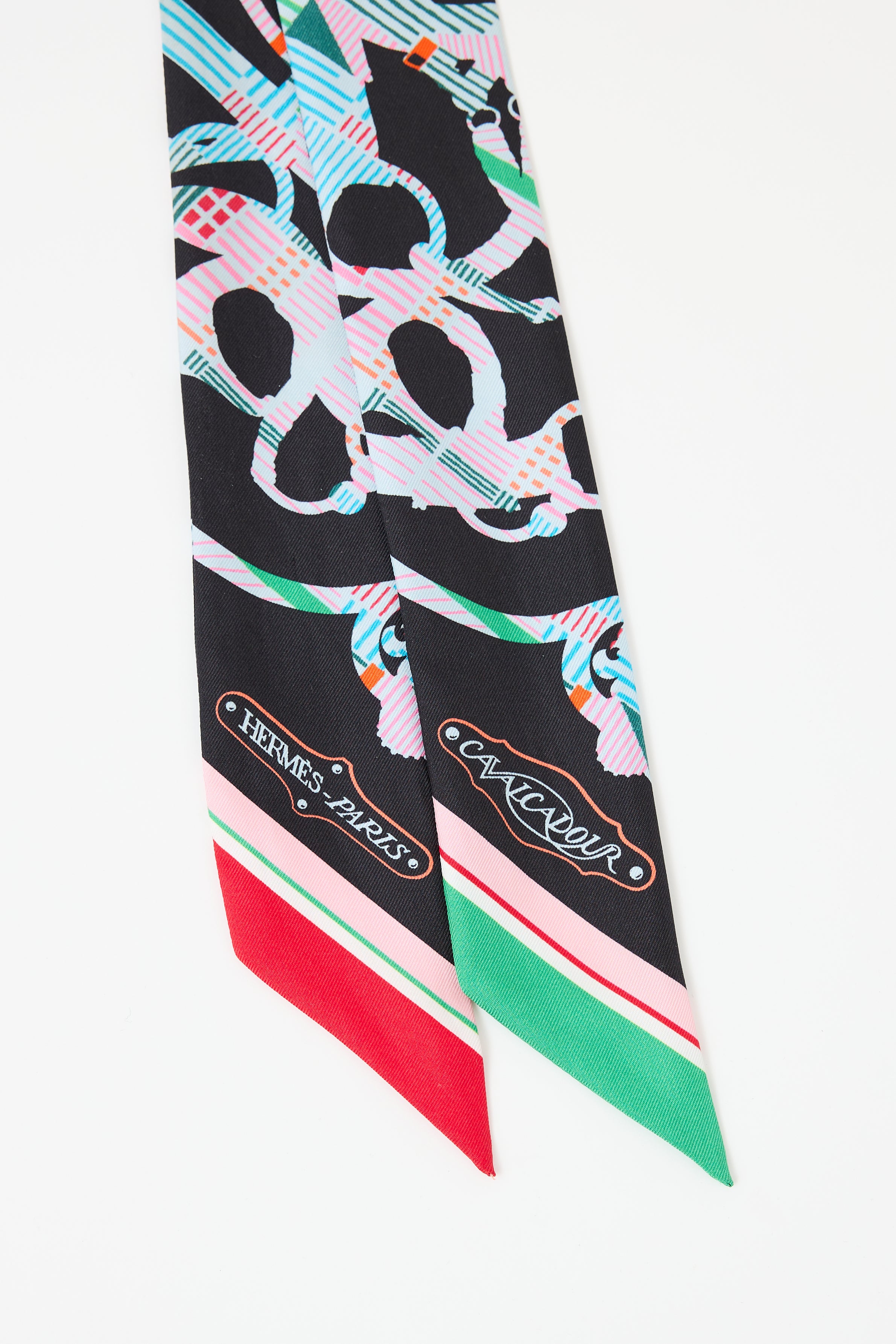 Hermès Black & Multi Silk Cavalcadour Morning Twilly