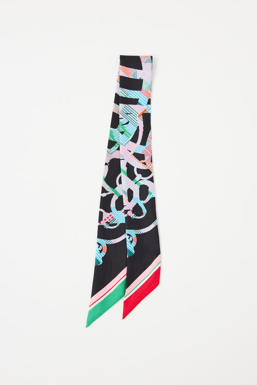 Hermès Black & Multi Silk Cavalcadour Morning Twilly