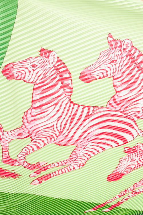 Hermès Green & Pink Silk Plisse Les Zebres II Scarf