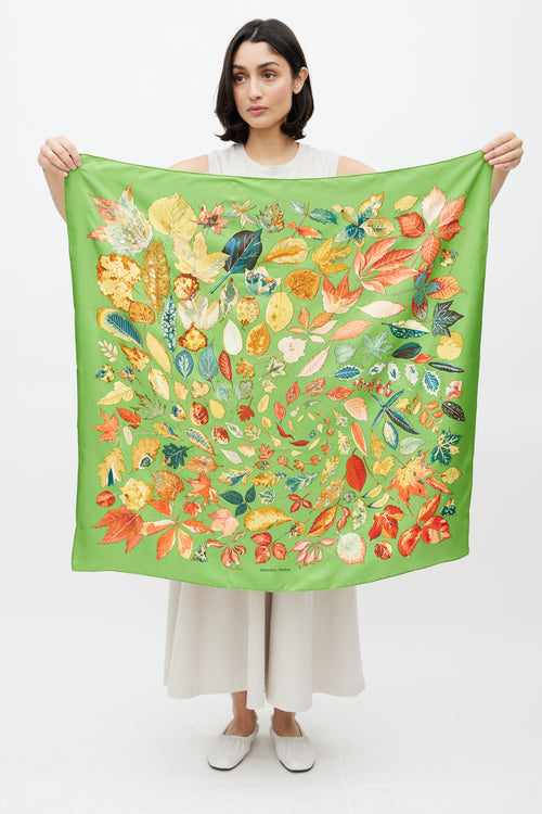 Hermès Green & Multicolour Silk Tourbillons Leaves Scarf