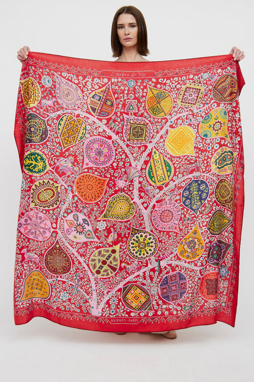 Hermès Red L'arbre De Vie Cashmere Blend Scarf