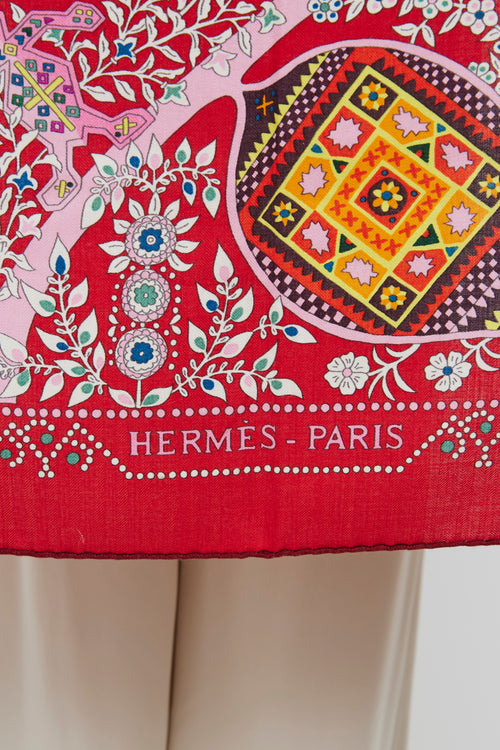 Hermès Red L'arbre De Vie Cashmere Blend Scarf