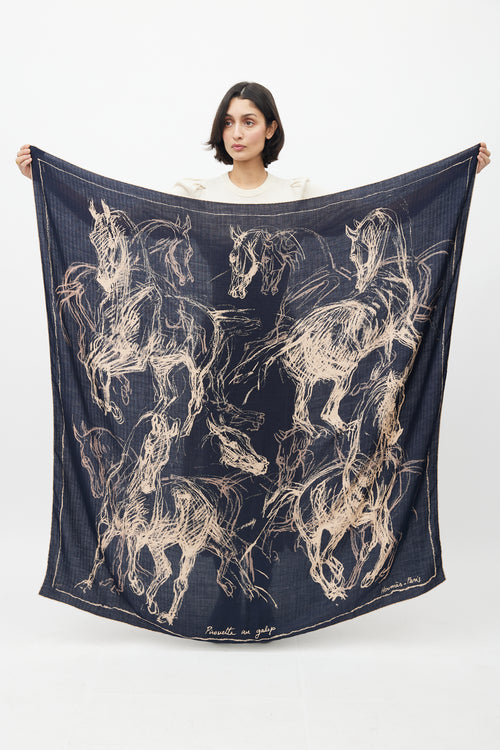 Hermès Navy & Beige Cashmere & Silk Pirouette Au Galop 140 Scarf