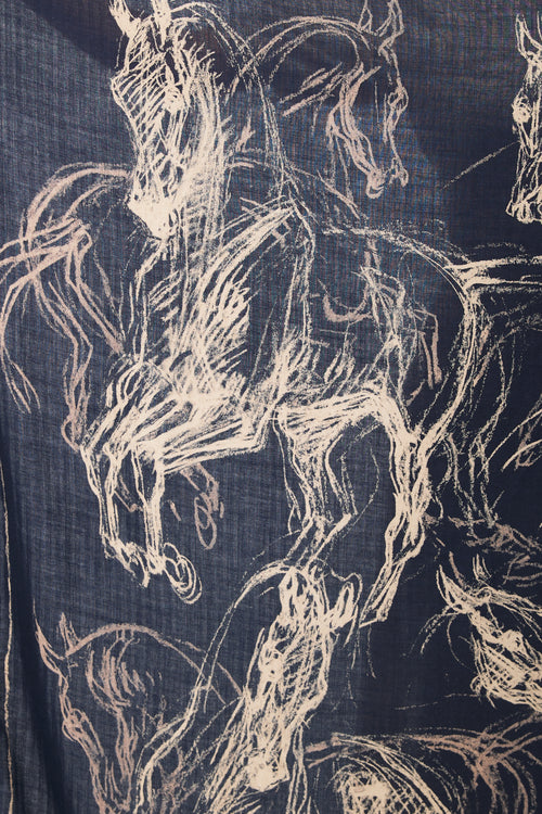 Hermès Navy & Beige Cashmere & Silk Pirouette Au Galop 140 Scarf
