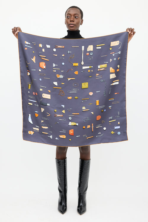 Hermès Navy & Multicolour Silk Carre en Boucles 90 Scarf