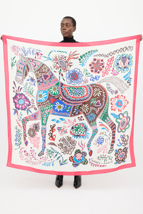 Hermès Pink & Multicolour Cashmere & Silk En Attendant Ulysse 140 Shawl