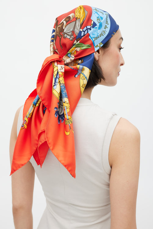 Hermès Red & Multicolour Musée Vivant Du Cheval 90 Scarf