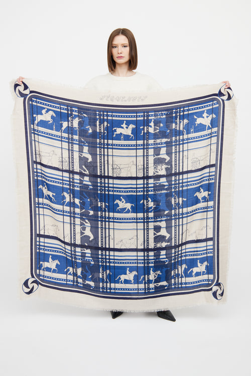 Hermès Cream & Blue Sequences Cashmere Silk Shawl