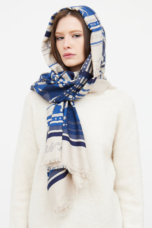Hermès Cream & Blue Sequences Cashmere Silk Shawl