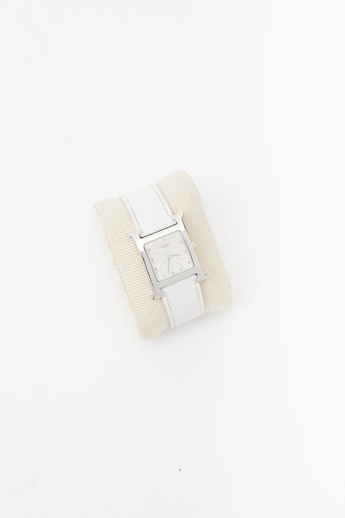 Hermès White Leather & Silver Small Heure H Watch