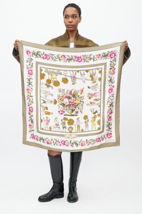 Hermès White & Multi Silk Les Jardiniers du Roy Print 90 Scarf