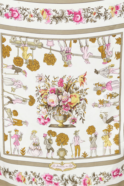 Hermès White & Multi Silk Les Jardiniers du Roy Print 90 Scarf
